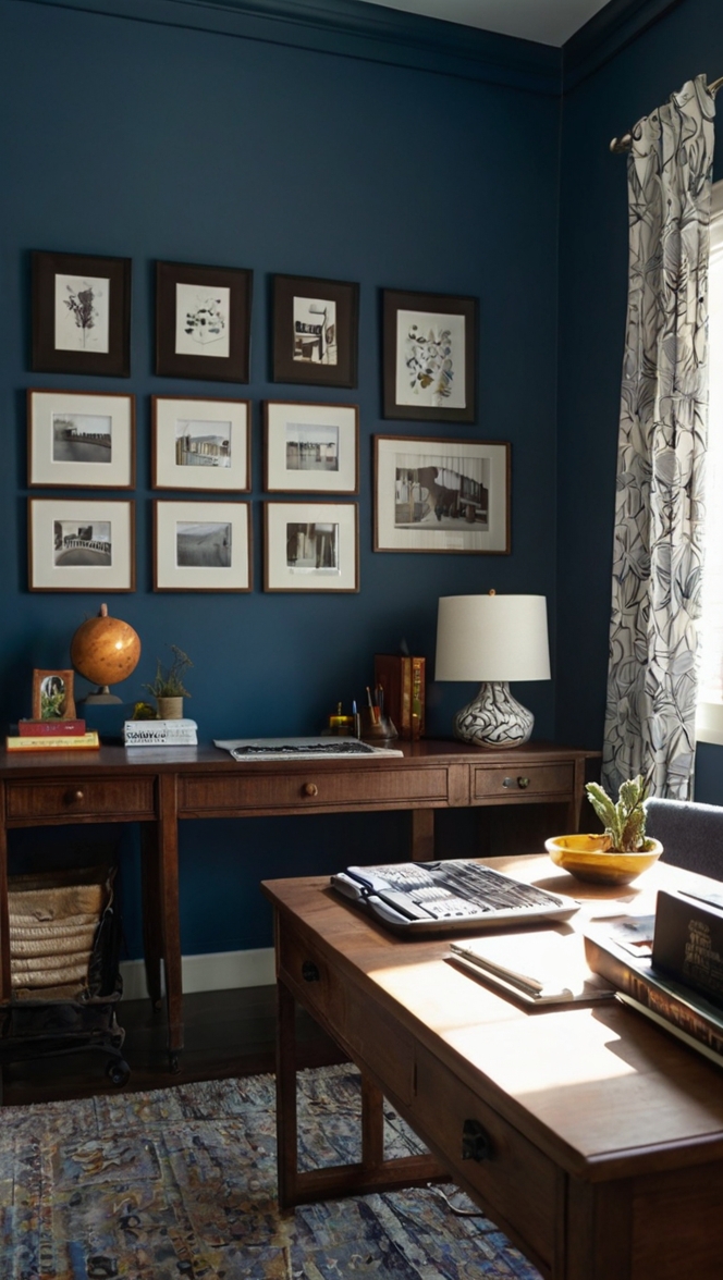 Home office decor, Cadet blue paint, Moody home office, Interior design ideas, Wall painting techniques