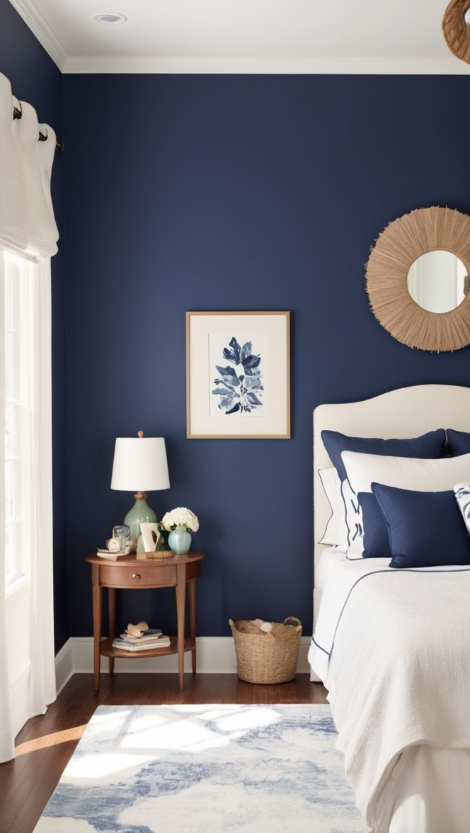 navy blue bedding, navy blue curtains, navy blue decor, navy blue walls, navy blue furniture