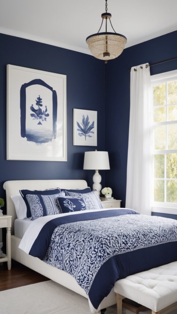 navy blue bedding, navy blue curtains, navy blue decor, navy blue walls, navy blue furniture