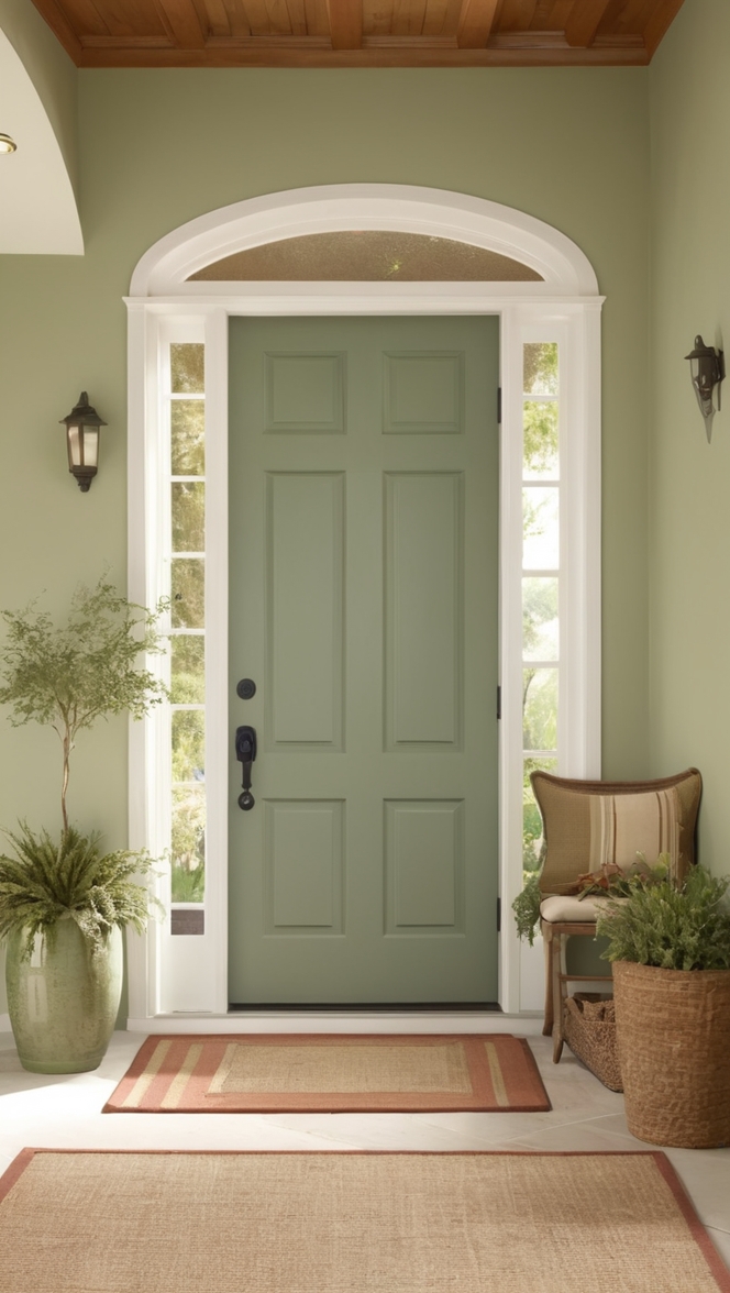 Sage green door, welcoming home decor, front porch decorating, entryway design ideas, green exterior paint