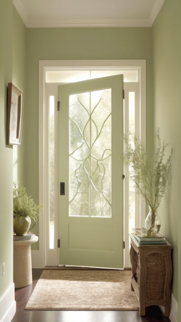 Sage green door, welcoming home decor, front porch decorating, entryway design ideas, green exterior paint