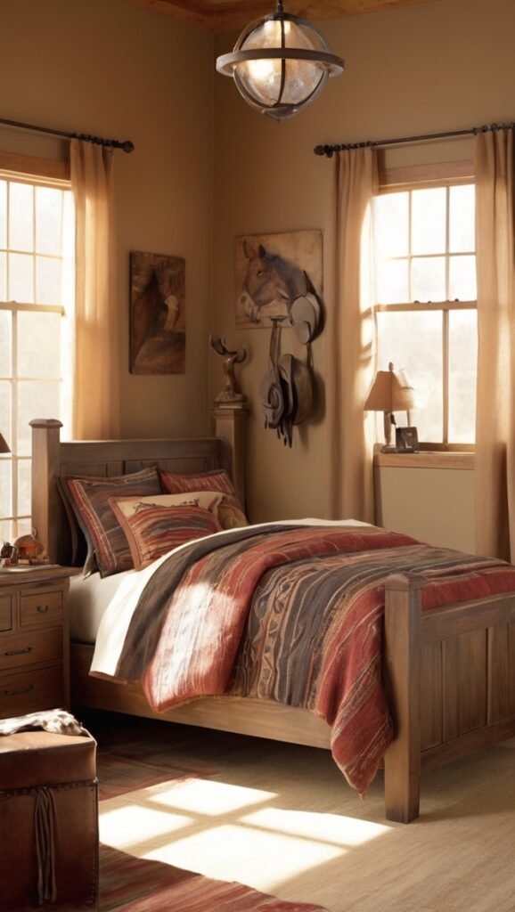 Rustic bedroom decor, Lodge style bedroom, Southwestern bedroom design, Cowboy themed bedroom, Ranch house bedroom decor