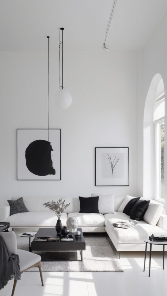 black and white home decor, minimalist living room ideas, modern minimalist home design, monochrome interior design, minimalist furniture design