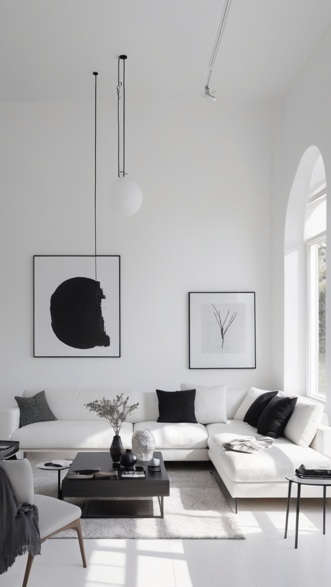 black and white home decor, minimalist living room ideas, modern minimalist home design, monochrome interior design, minimalist furniture design 