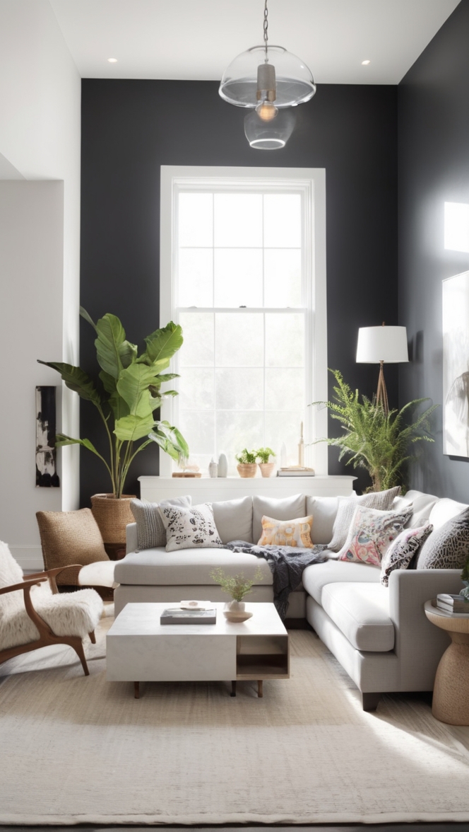 minimalist living room furniture, modern black living room, black sofa set, minimalist home decor, black and white rug