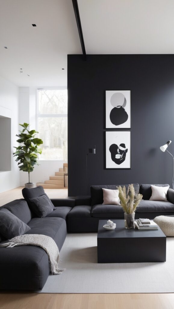 minimalist living room furniture, modern black living room, black sofa set, minimalist home decor, black and white rug