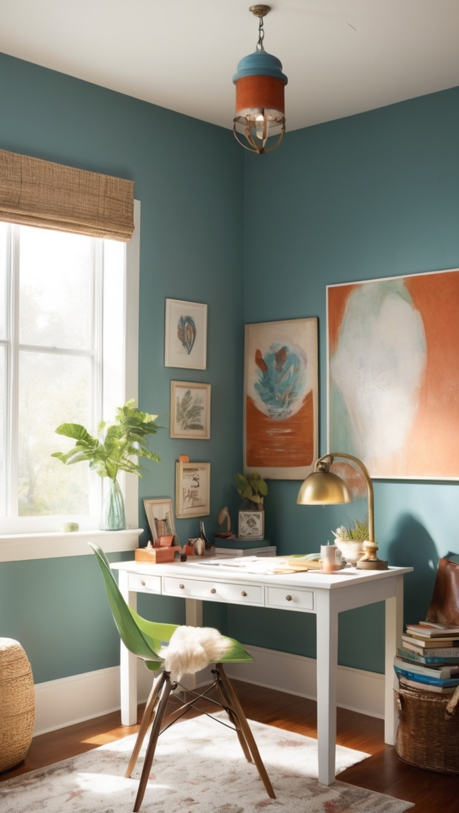 eclectic home office decor, cozy workspace design, modern office furniture, bohemian office space, chic home office ideas