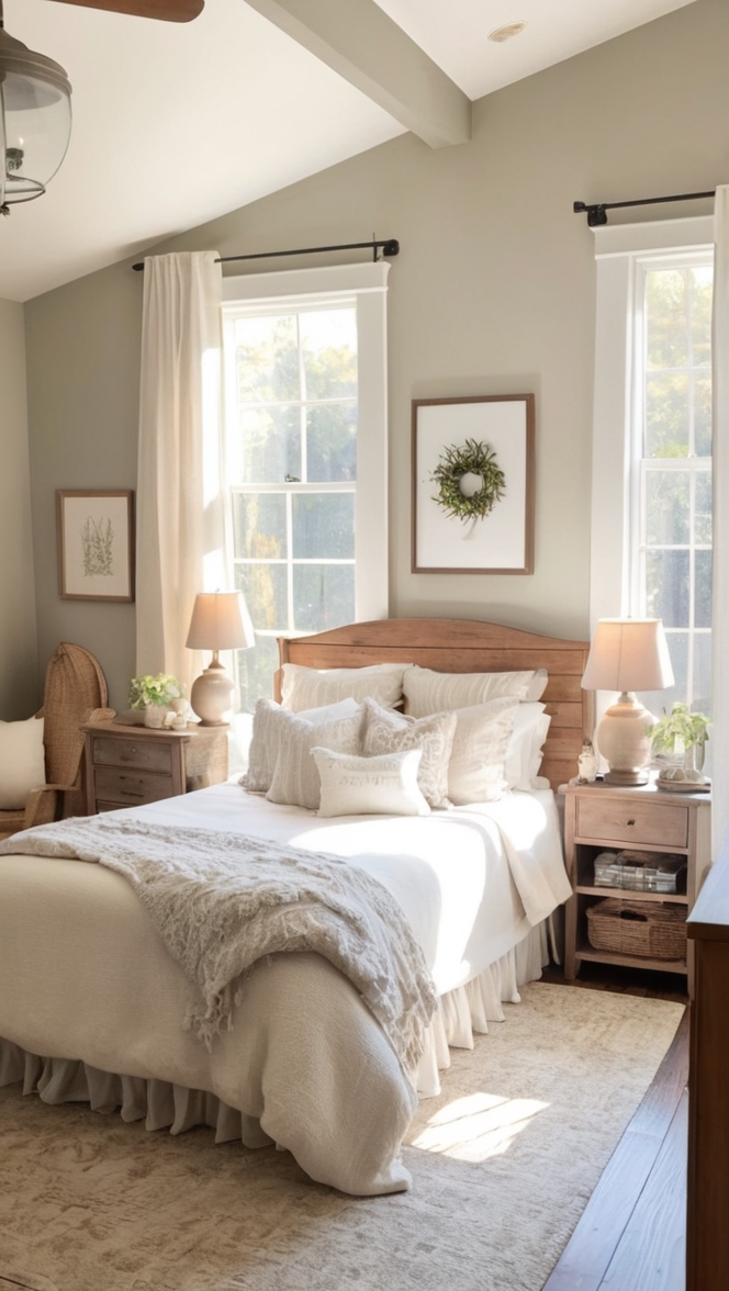 farmhouse bedroom decor, rustic bedroom design, modern farmhouse interior, vintage bedroom style, shabby chic decor