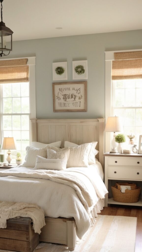 farmhouse bedroom decor, rustic bedroom design, modern farmhouse interior, vintage bedroom style, shabby chic decor
