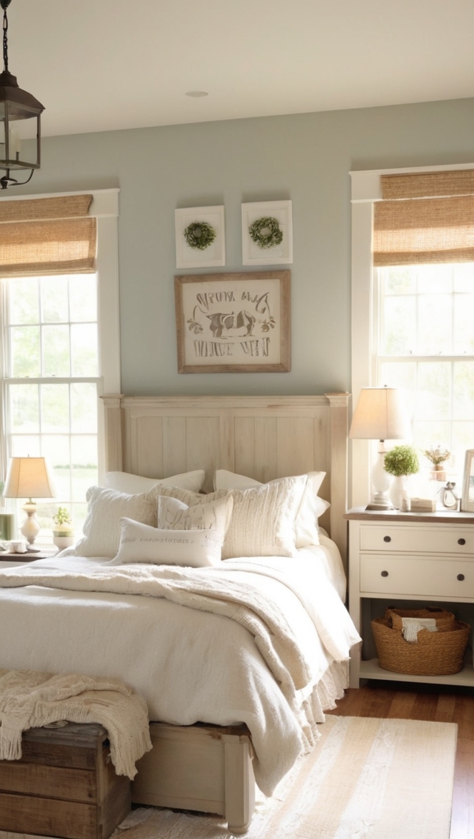 farmhouse bedroom decor, rustic bedroom design, modern farmhouse interior, vintage bedroom style, shabby chic decor 