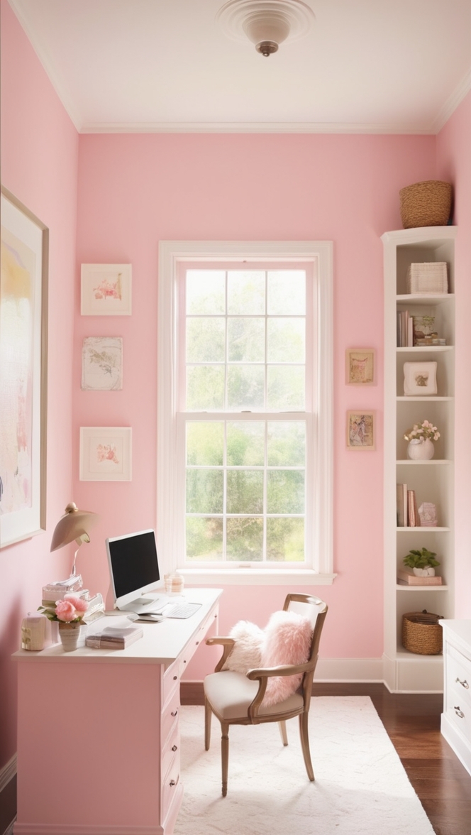 cozy home office decor, cozy workspace ideas, pink home office designs, feminine office space, elegant home office decor