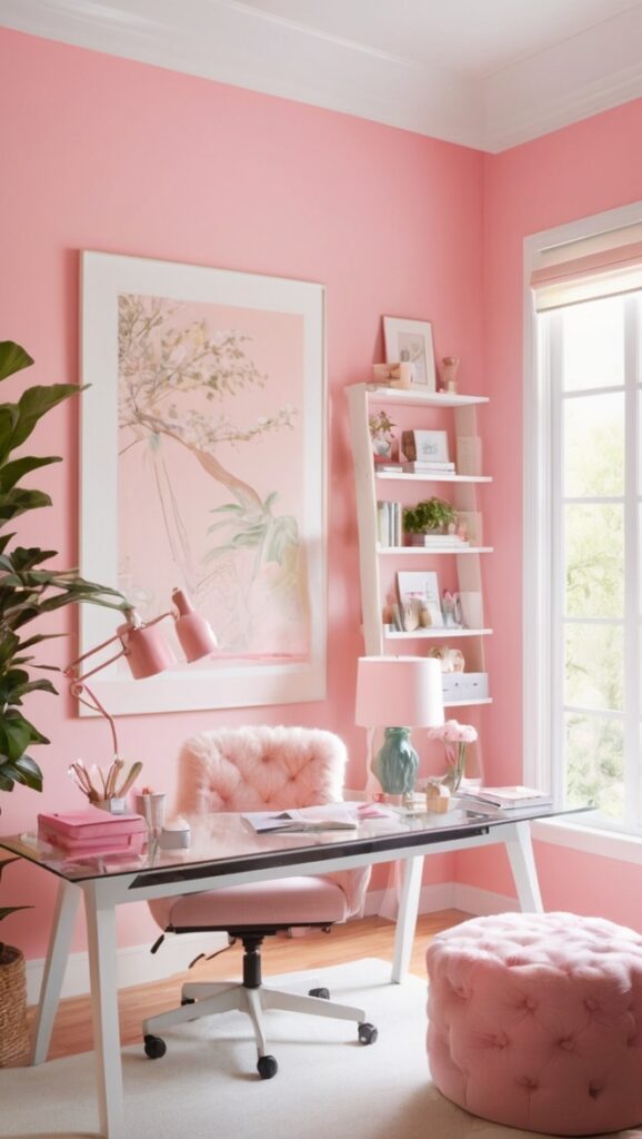 cozy home office decor, cozy workspace ideas, pink home office designs, feminine office space, elegant home office decor