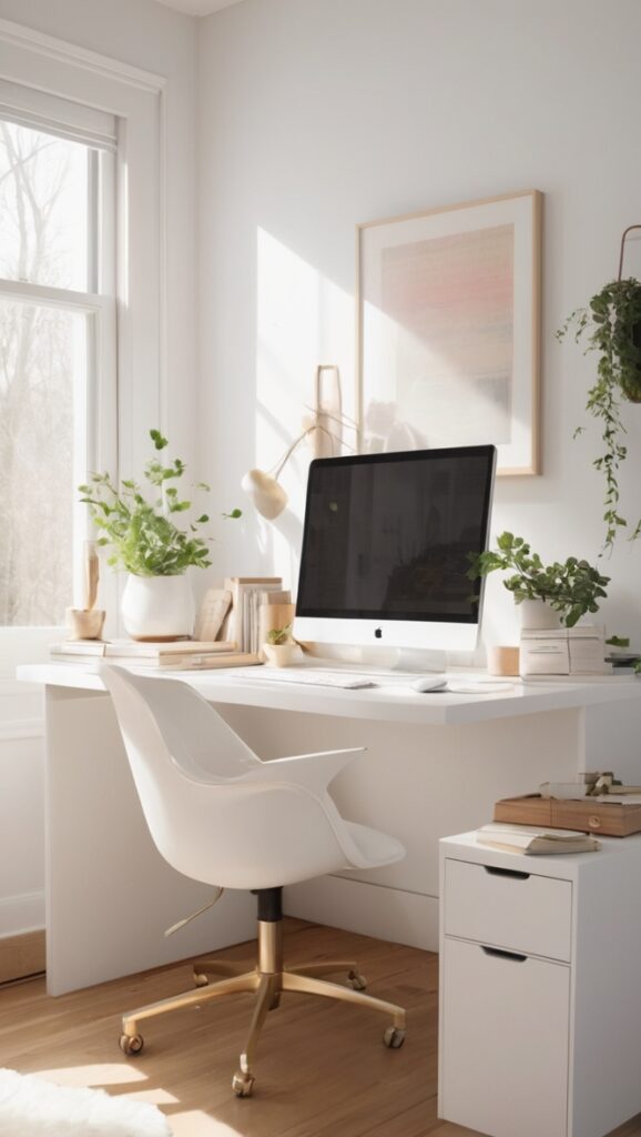 minimalist home office design, cozy office space, stylish home office, modern minimalist workspace, chic office decor