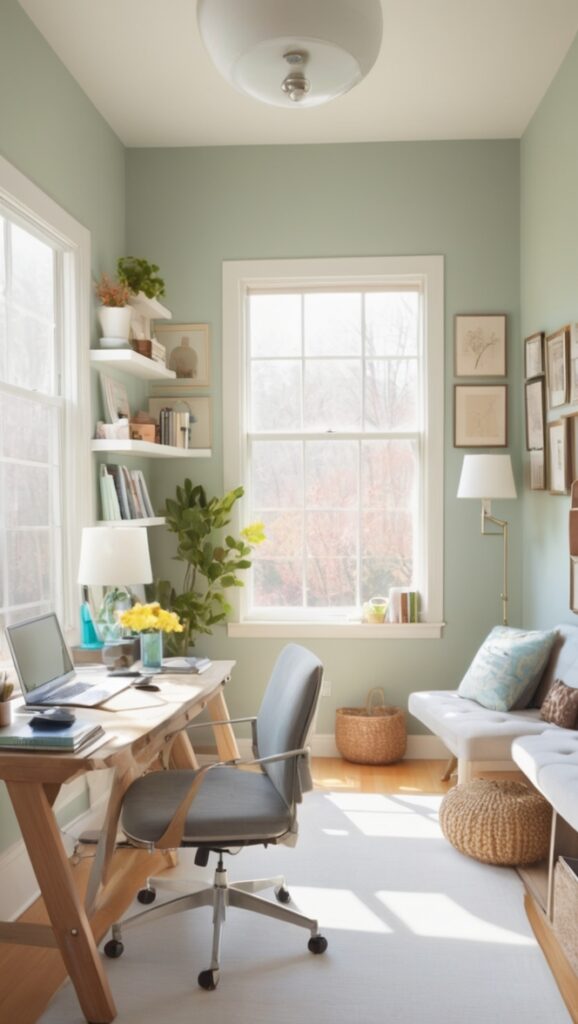 cozy home office, work-from-home space, comfortable workspace, home office design, relaxing office environment