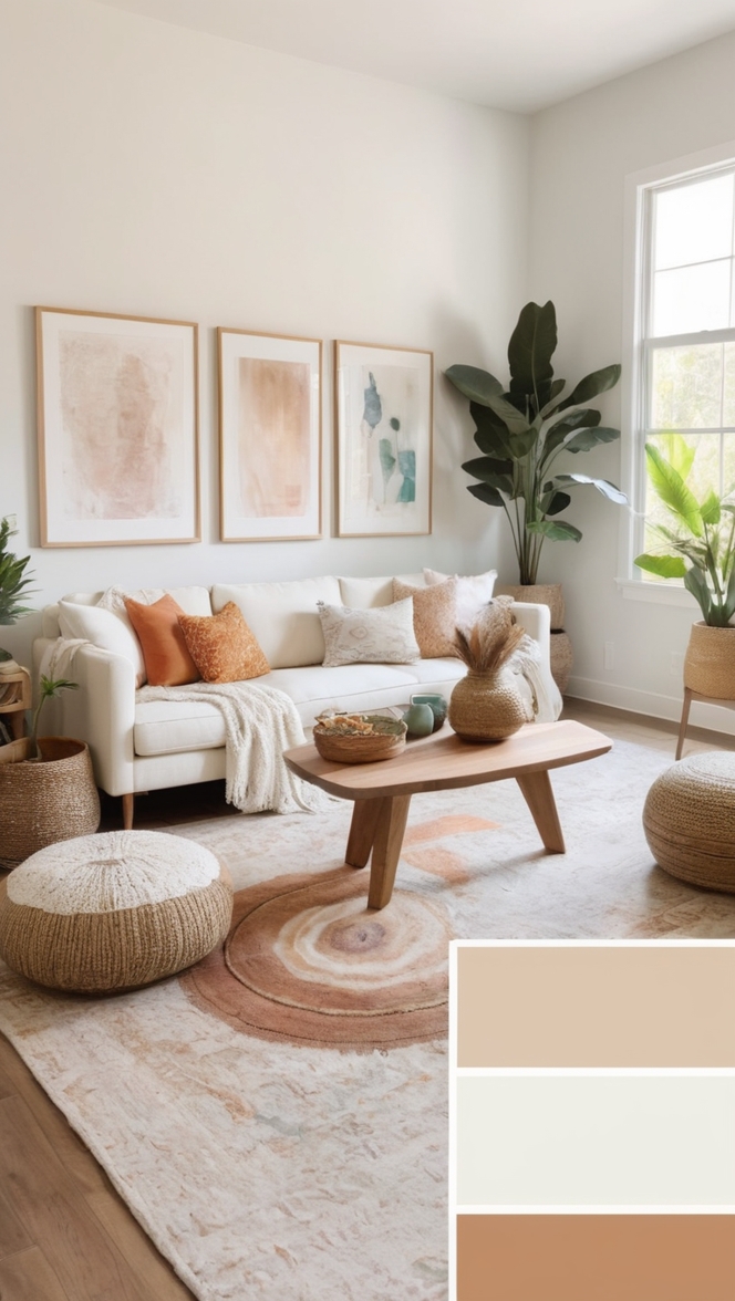 bohemian home decor, minimalist living room ideas, organic textiles, natural elements in design, neutral color palette