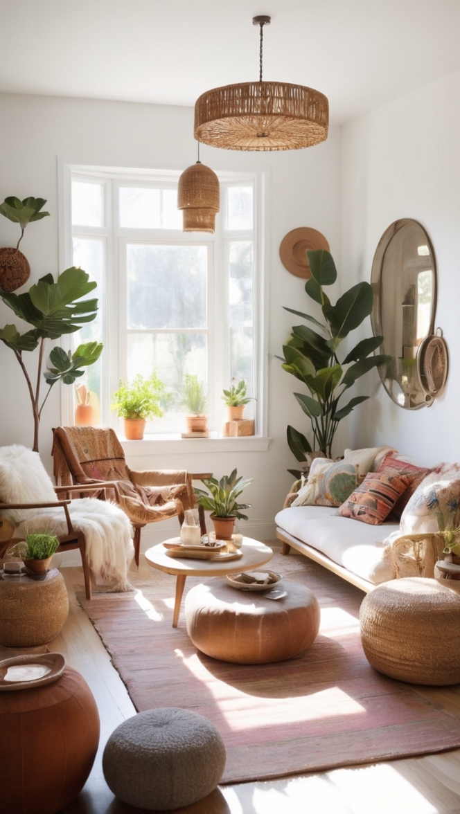 bohemian home decor, minimalist living room ideas, organic textiles, natural elements in design, neutral color palette 