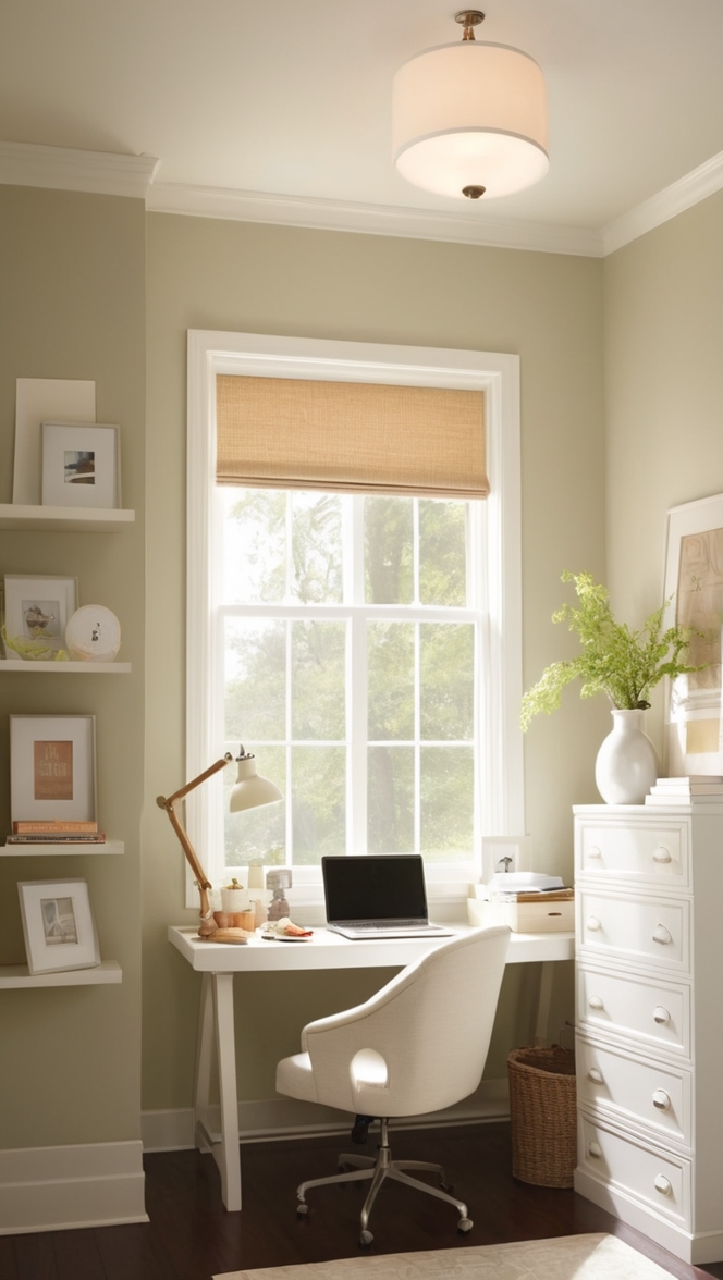 neutral home office furniture, modern home office decor, neutral home office design, cozy home office ideas, minimalist home office setup