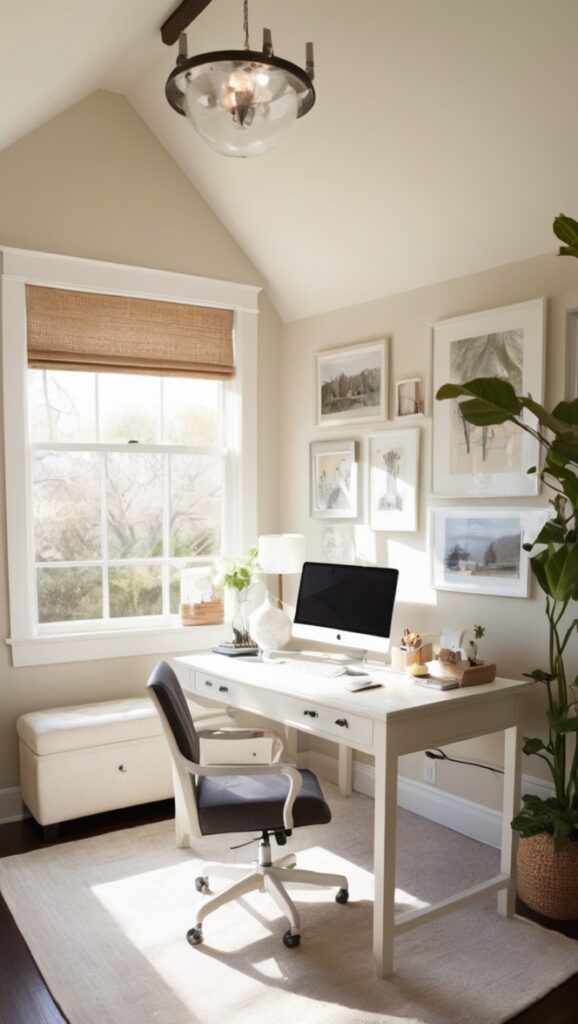 neutral home office furniture, modern home office decor, neutral home office design, cozy home office ideas, minimalist home office setup