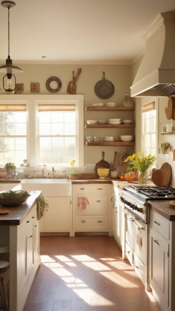 rustic kitchen decor, vintage farmhouse sink, antique kitchen cabinets, reclaimed wood countertops, farmhouse style lighting