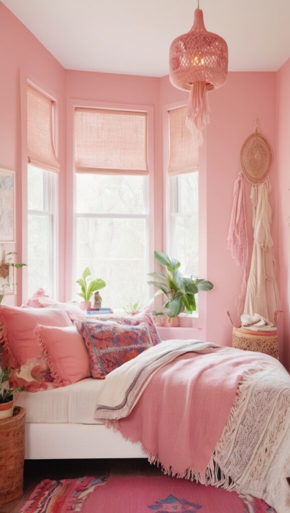 boho bedroom decor, pink boho bedding, bohemian bedroom furniture, pink boho curtains, vintage boho bedroom