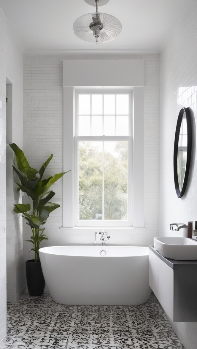 black and white bathroom tiles, black floor tiles, white wall tiles, bathroom tile ideas, monochrome tiles 