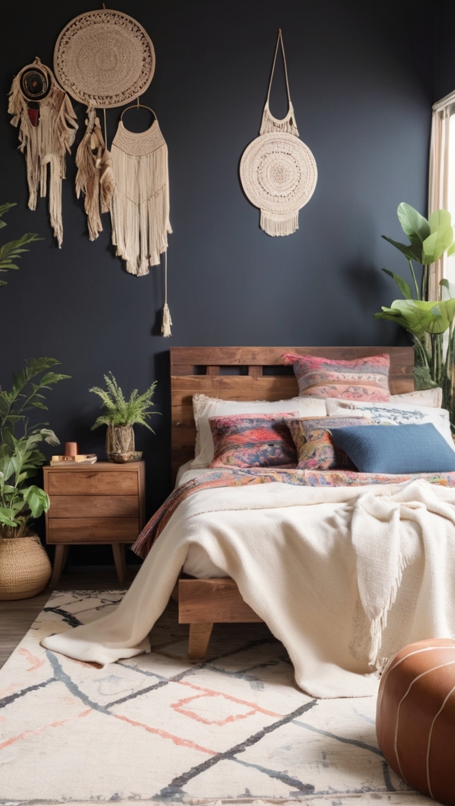 black boho decor, bohemian bedroom, modern boho chic, ethnic bedding, boho furniture