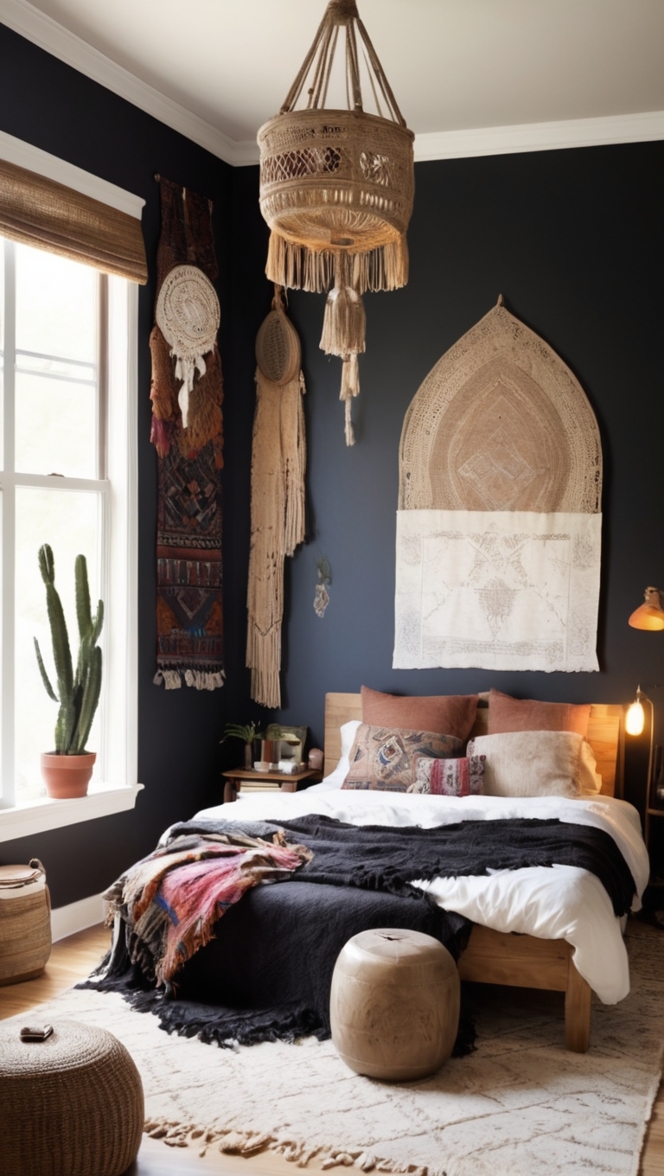 black boho decor, bohemian bedroom, modern boho chic, ethnic bedding, boho furniture 