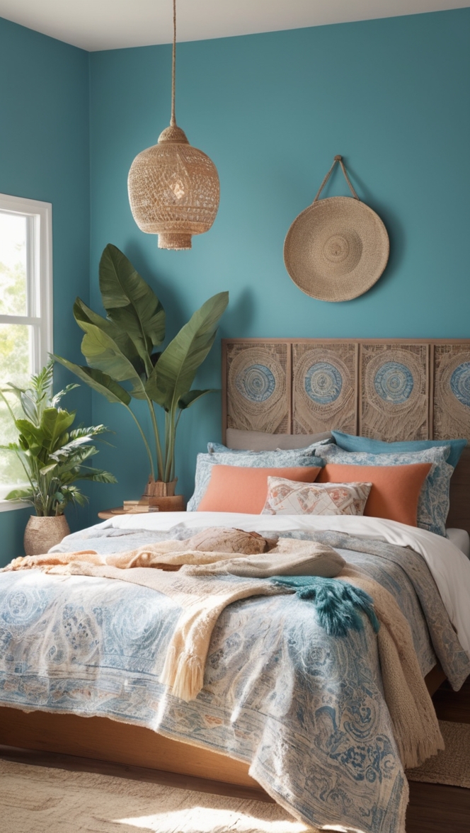 blue bedroom decor, boho bedroom design, bohemian bedroom ideas, cozy bedroom decoration, stylish bedroom accessories
