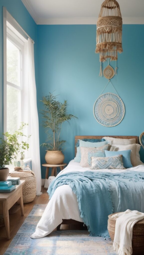 blue bedroom decor, boho bedroom design, bohemian bedroom ideas, cozy bedroom decoration, stylish bedroom accessories