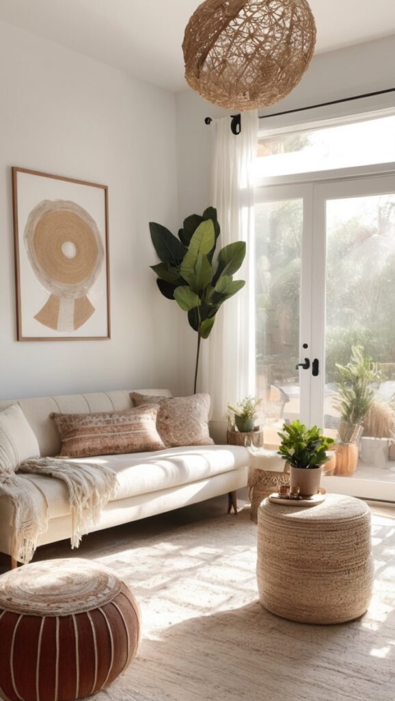 boho chic decor, modern bohemian living room, minimalist boho design, boho style interior, bohemian home decor