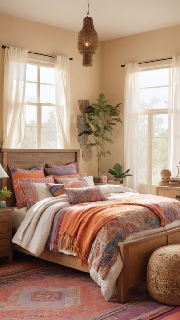 boho chic decor, bohemian bedroom design, modern boho furniture, luxury boho bedding, boho style rugs