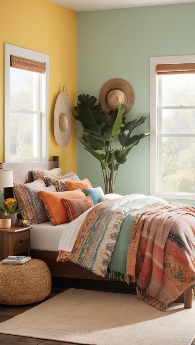 boho decor, bohemian interior, vibrant bedding, eclectic design, colorful cushions