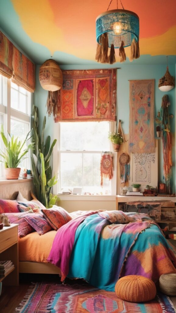 boho decor, bohemian interior, vibrant bedding, eclectic design, colorful cushions