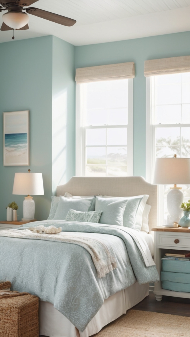 coastal bedroom decor, beach themed bedroom, coastal bedding, ocean inspired bedroom, nautical bedroom