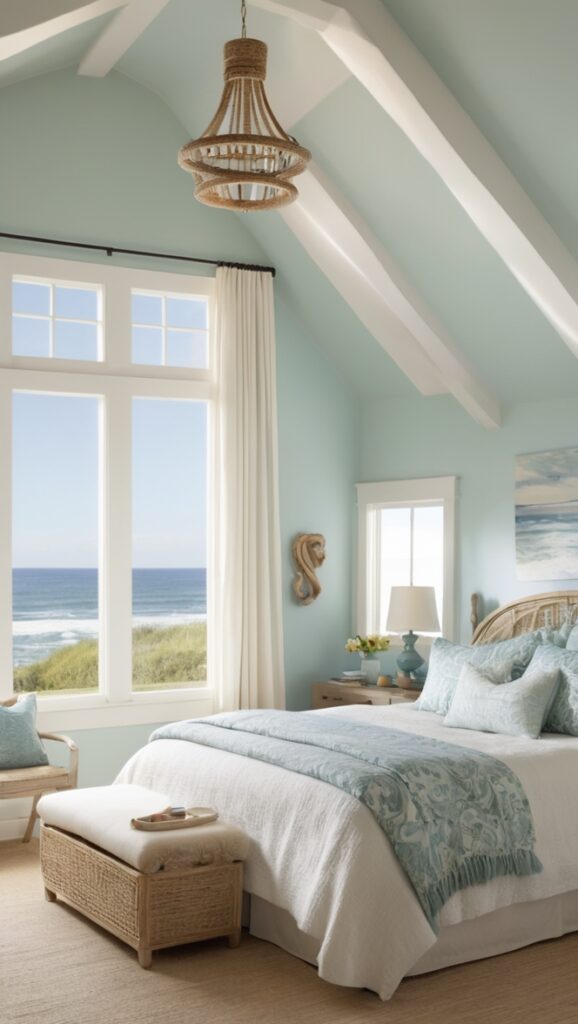 coastal bedroom decor, beach themed bedroom, coastal bedding, ocean inspired bedroom, nautical bedroom