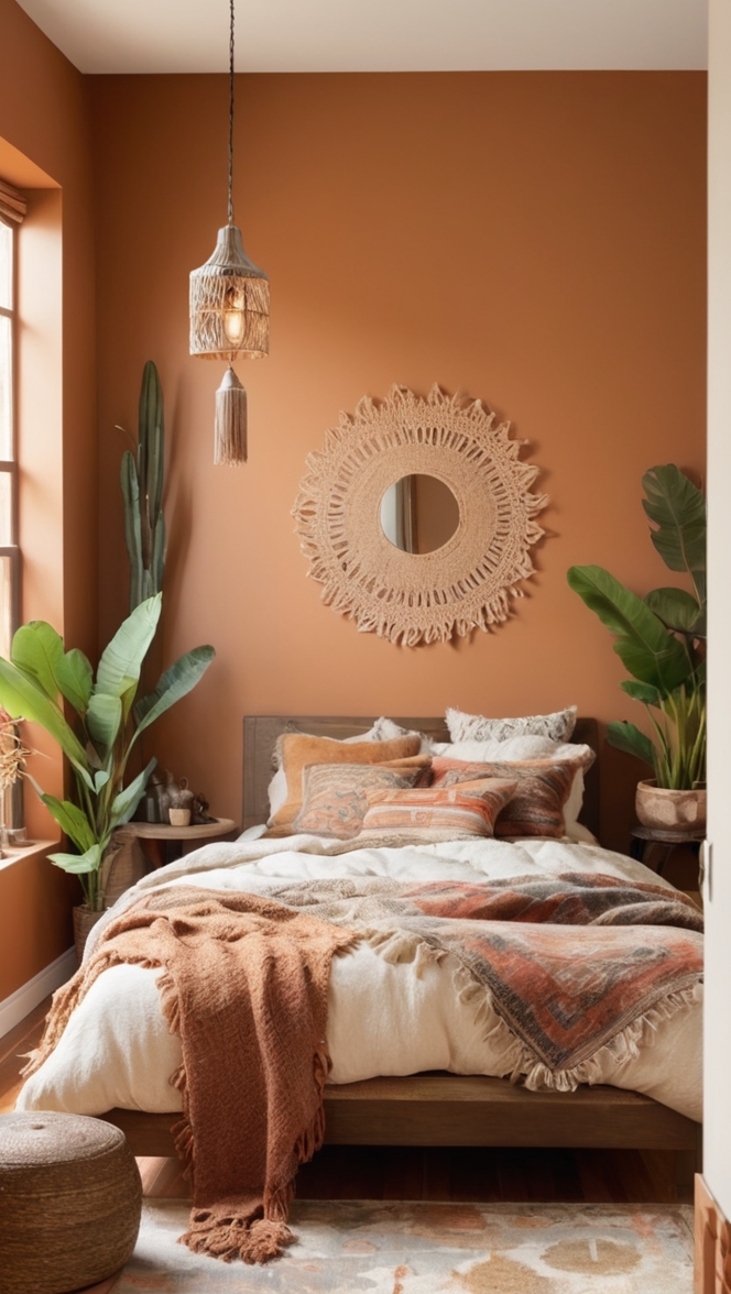 boho bedroom decor, bohemian bedroom design, earthy interior decor, cozy bedroom ideas, rustic boho bedding