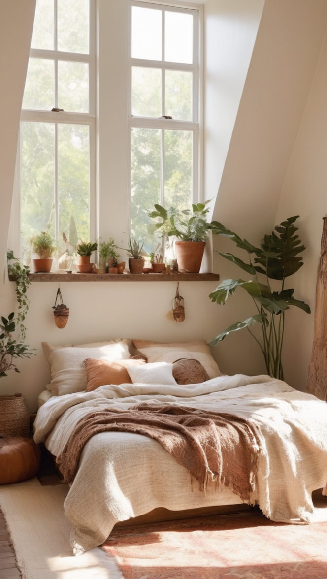 boho bedroom decor, bohemian bedroom design, earthy interior decor, cozy bedroom ideas, rustic boho bedding 