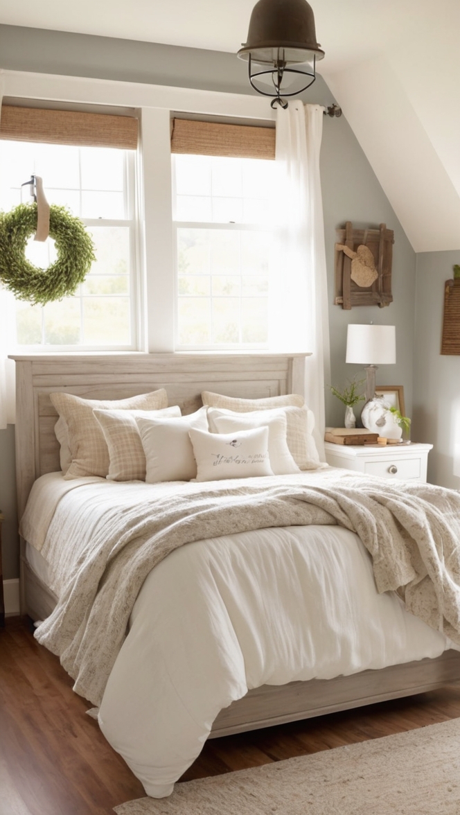 cozy rustic bedroom decor, farmhouse style bedroom ideas, vintage farmhouse bedroom, cozy country bedroom, modern farmhouse bedroom design 