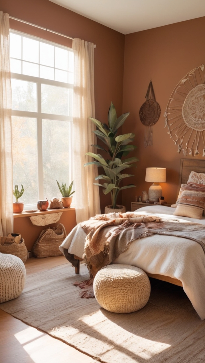 boho bedroom decor, modern boho bedding, rustic bohemian bedroom, earthy boho furniture, vintage boho bedroom