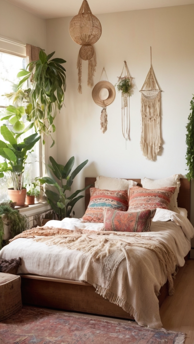 boho bedroom decor, modern boho bedding, rustic bohemian bedroom, earthy boho furniture, vintage boho bedroom 