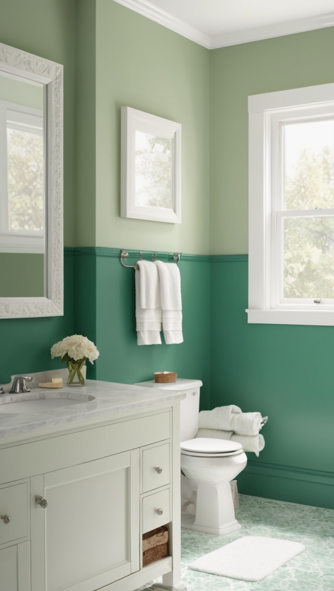 emerald green vanity, green bathroom tiles, green bathroom decor, emerald green shower curtain, green bathroom accessories