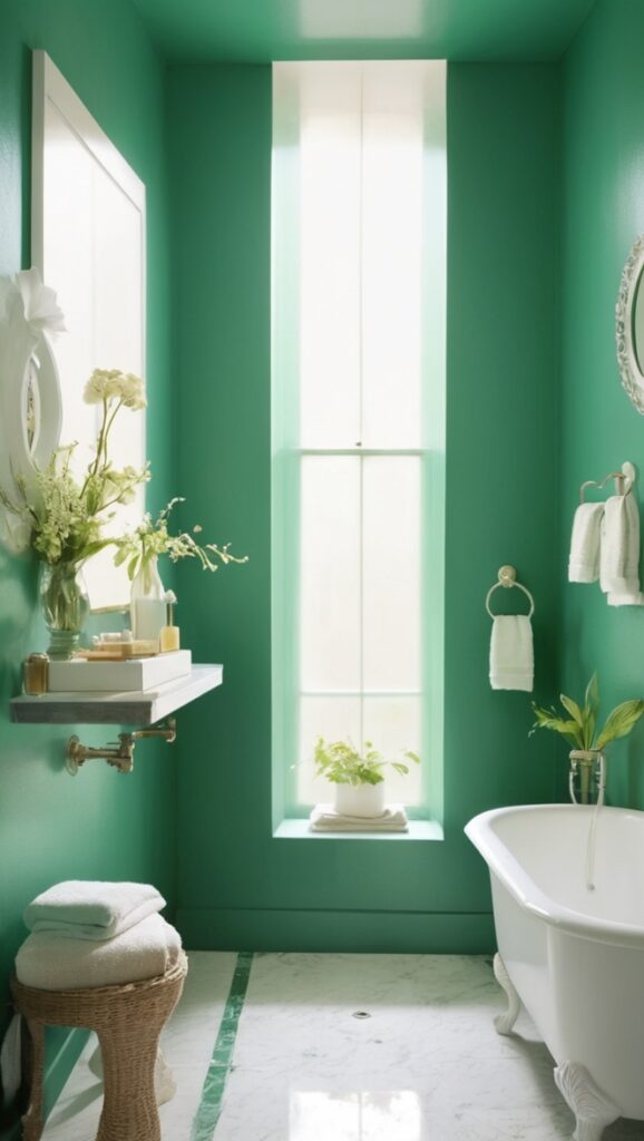 emerald green vanity, green bathroom tiles, green bathroom decor, emerald green shower curtain, green bathroom accessories