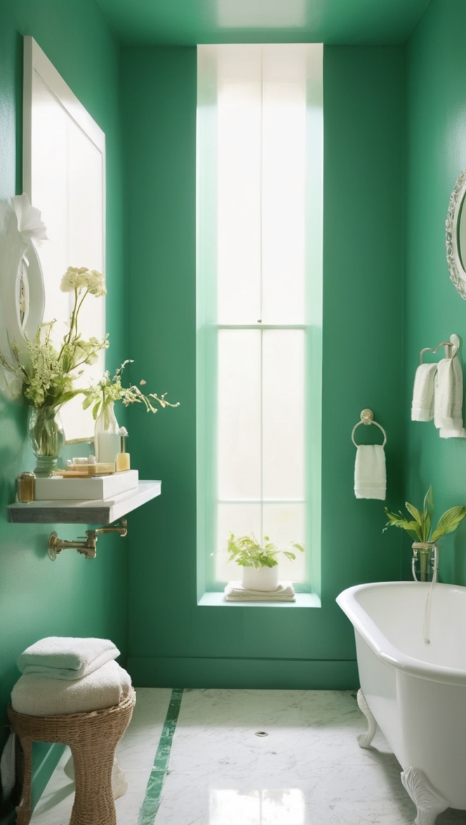 emerald green vanity, green bathroom tiles, green bathroom decor, emerald green shower curtain, green bathroom accessories 