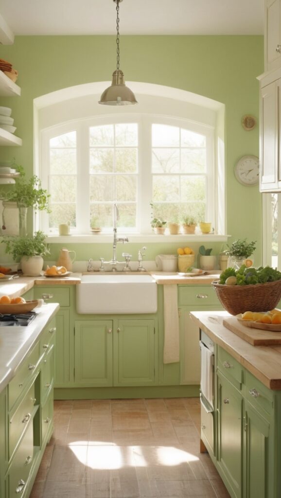 green kitchen design, farmhouse kitchen decor, vintage farmhouse kitchen, rustic green kitchen, country farmhouse kitchen