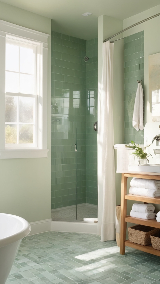 green bathroom tiles, bathroom tile ideas, green tile flooring, bathroom tile design, best bathroom tiles