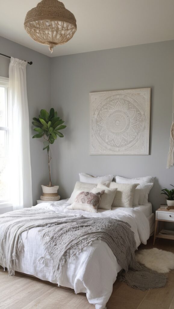 boho room decor, boho chic bedding, bohemian bedroom furniture, gray bedding set, boho bed frame