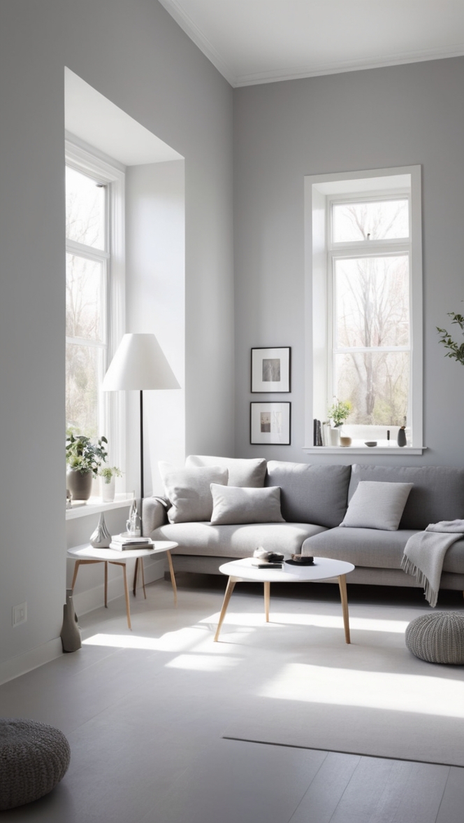 modern grey living room, white and grey decor, Scandinavian living room design, minimalist interior design, chic grey furniture 