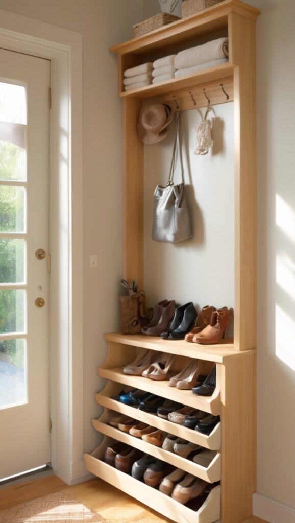 shoe rack, entryway shoe organizer, hallway shoe cabinet, mudroom shoe bench, front door shoe storage