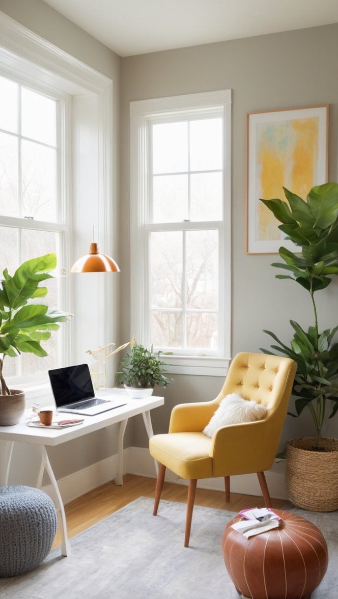 home office decor, cozy workspace, lounge design, comfortable office, cozy home workspace 
