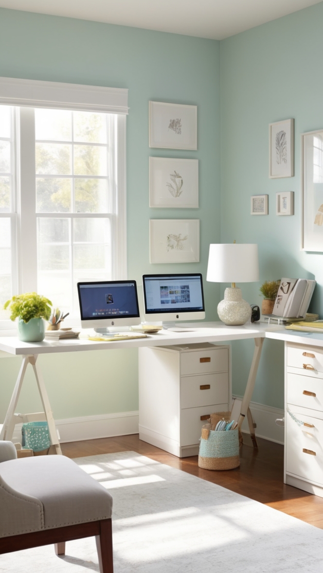 home office furniture, dual workstation setup, shared office equipment, collaborative workspace design, two person home office